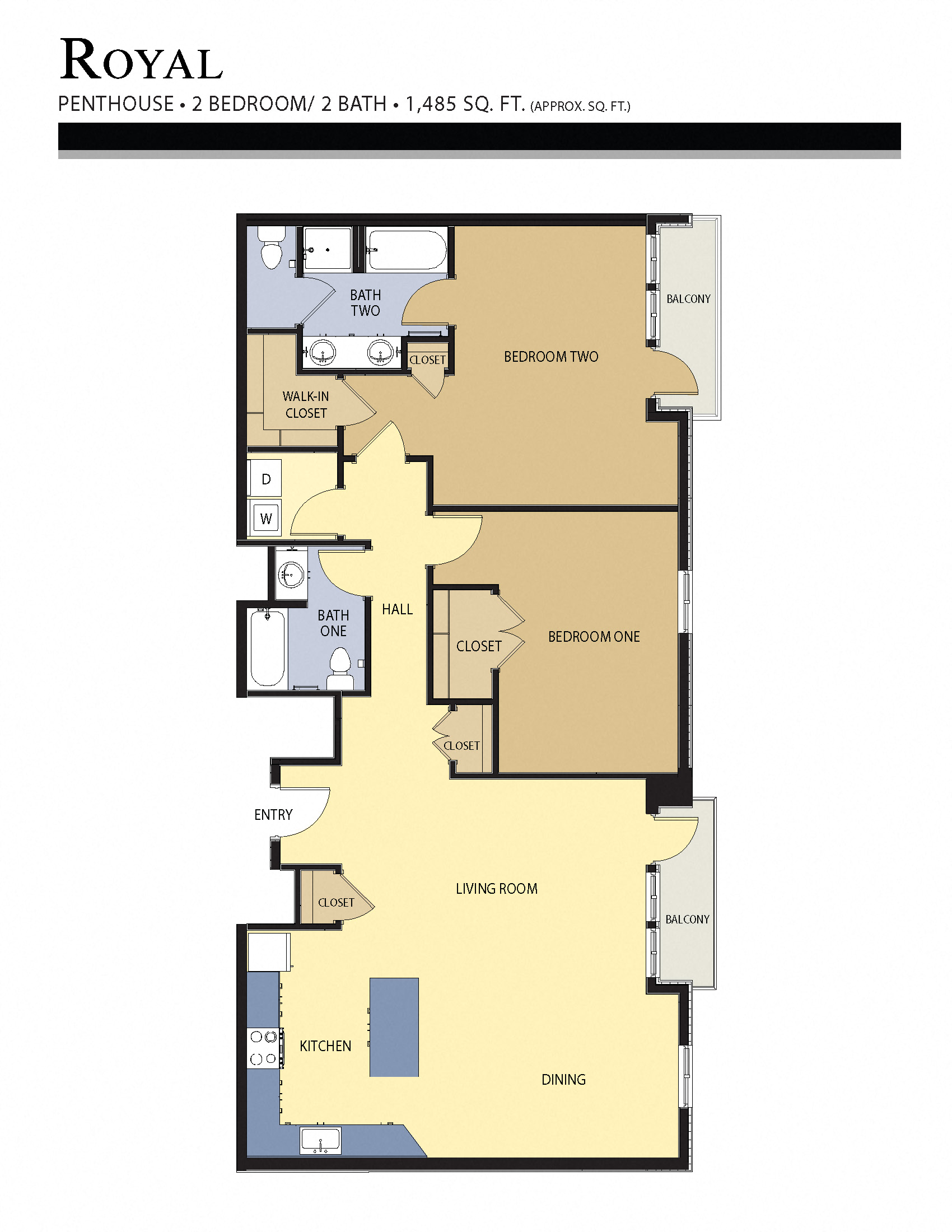Floor plan for 2 beds, 2 baths, 1485 sqft